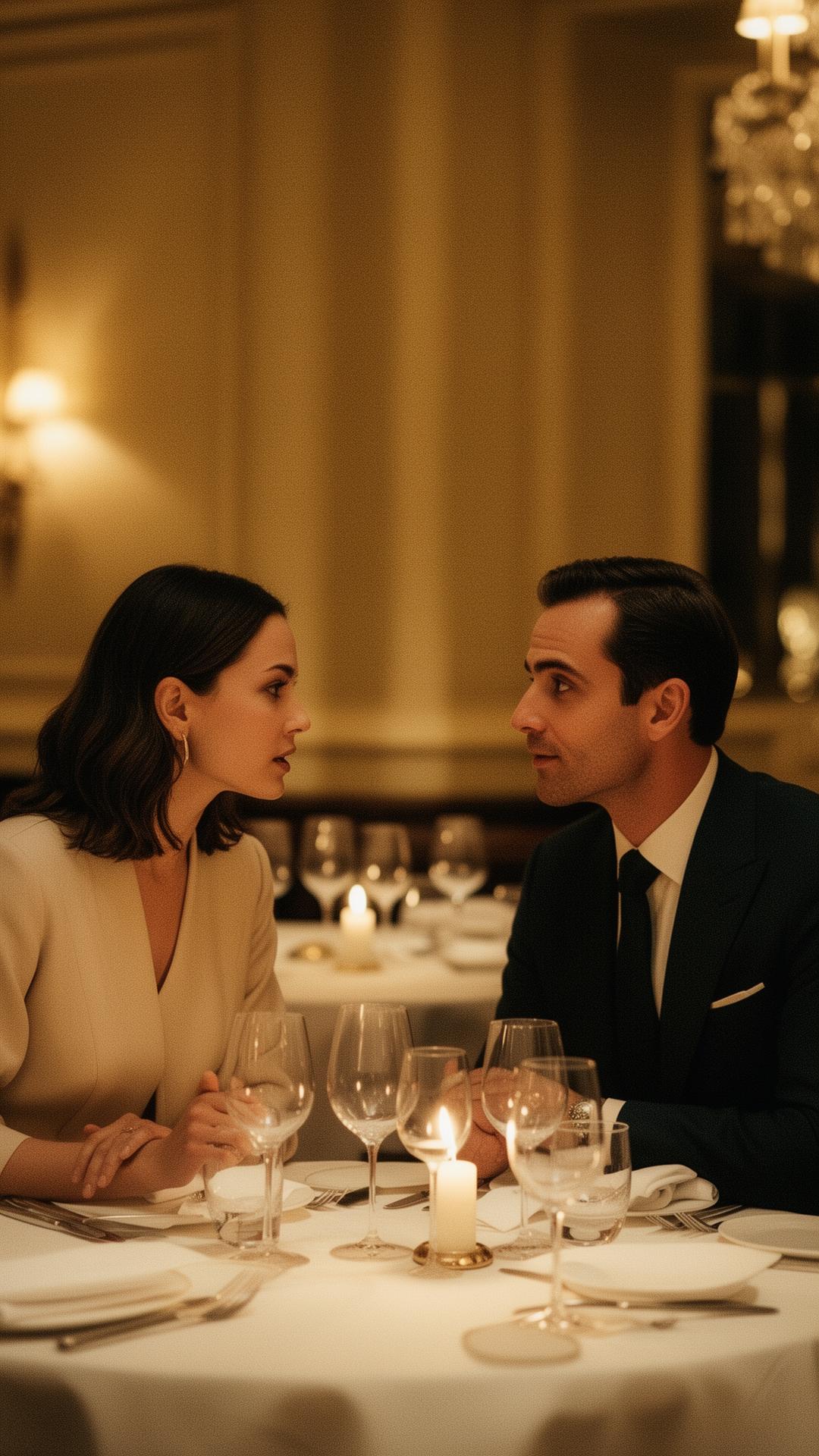 A man and woman in conversation at a candlelit private dinner